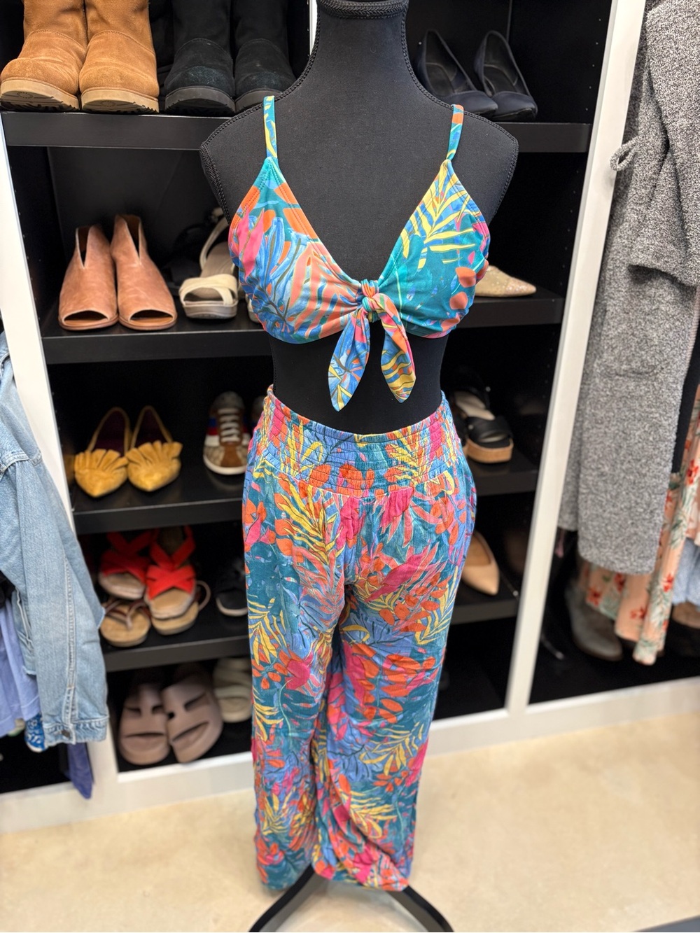 Kona Sol Teal Tropical Tie-Front Bikini Top & Wide Leg Pants Set